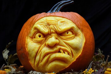 Halloween concept. Blurred silhouette of giant Jack-o-lantern pumpkin with scary smiling face behind crowd at night. People looks at a big pumpkin at night. Selective focus