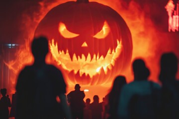 Halloween concept. Blurred silhouette of giant Jack-o-lantern pumpkin with scary smiling face behind crowd at night. People looks at a big pumpkin at night. Selective focus