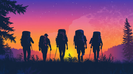 Enjoying National Hiking Day with friends against a colorful sunset backdrop in the forest