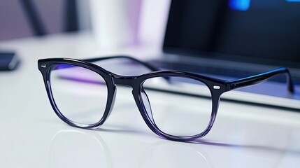 A pair of sleek black and transparent glasses placed on a white desk next to a laptop