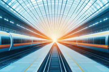 Poster - Futuristic transportation hub with levitating trains, sleek metallic platforms, bright midday light shining through the glass roof, wideangle view