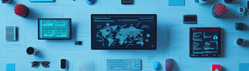 Poster - Cybersecurity expert monitoring a hacker alert dashboard in flat design, top view, IT office theme, cartoon drawing, Complementary Color Scheme