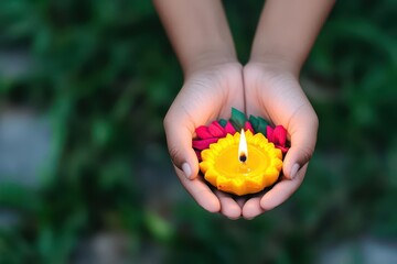 Closeup of hands holding a diya, lighting it during the Festival of Lights