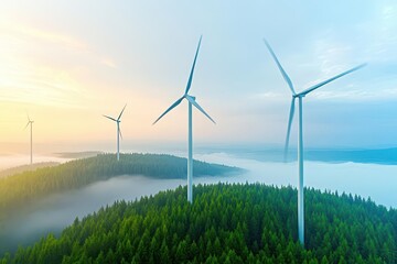 A serene landscape with wind turbines rising above a foggy forest at dawn, the soft watercolor hues blending natural elements and renewable energy