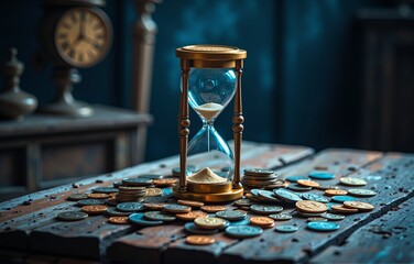 an hourglass with coins on a table. Generative AI