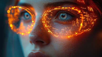 A woman's face is shown with a pair of glasses that are glowing orange. Generative AI