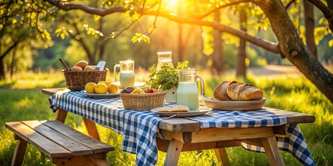 A rustic picnic table set for a simple meal in a sun-dappled meadow, featuring freshly baked bread, ripe fruit, and a pitcher of milk, inviting you to enjoy the beauty of a peaceful outdoor setting.