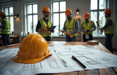 a group of construction workers standing around a table with a hard hat. Generative AI