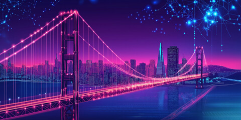 Golden gate bridge and san francisco skyline at night with futuristic network connection