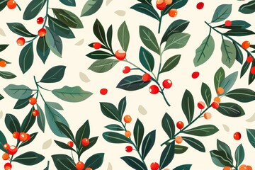 Seamless botanical leaf and berry pattern