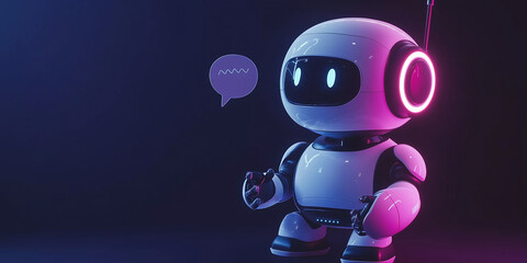 Poster - White friendly robot speaking and showing voice message in futuristic neon light environment