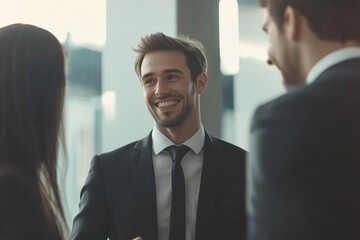 Group of colleagues engaging in a discussion during a business meeting in a conference room. Happy business people, men and women