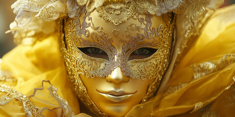 Golden venetian carnival mask with lace and frills is hiding performer's face