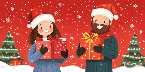 Wall Mural - Happy couple holding christmas gifts with santa hats and decorated trees