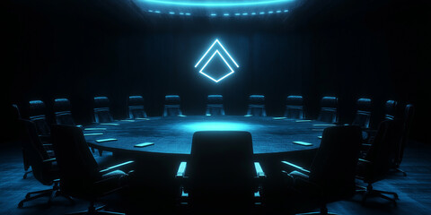 Poster - Round table meeting room illuminated by futuristic blue neon light