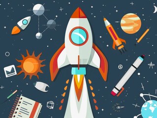 Wall Mural - rocket launch illustration with space objects and writing tools