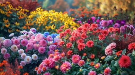 Aufkleber - The stunning garden showcases a variety of blooming chrysanthemums, dahlias, and other autumn flowers, creating a colorful landscape. Generative AI