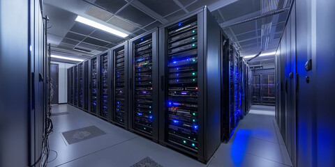 Poster - Server room equipment blinking with blue lights in data center
