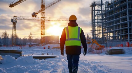 Engineer in a high-visibility jacket walking through a snowy construction site, softly illuminated by the winter sun