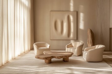 Wall Mural - The modern living room features a minimalist Japandi design, blending stylish furniture, warm colors, and elegantly arranged decor that promotes tranquility and simplicity throughout the space