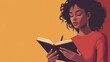 © BanklangArtshop - Woman reading a book with a thoughtful expression against a vibrant orange background.