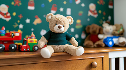 cozy nursery featuring teddy bear and vintage toys in holiday decor