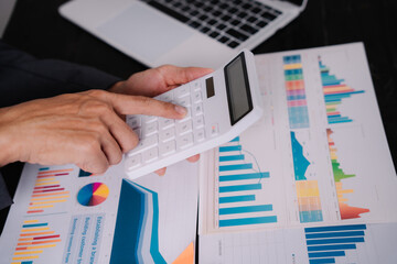 Wall Mural - businessman sits at his office desk, analyzing financial documents and graphs on his laptop. paperwork, calculator, and charts, he strategizes investments, audits, tax planning for success.