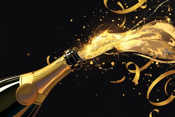 New Year or Chrismas card design on black background,the champagne is opened, the bottle stopper comes out with a golden flash,flat illustration,leave space to the text design