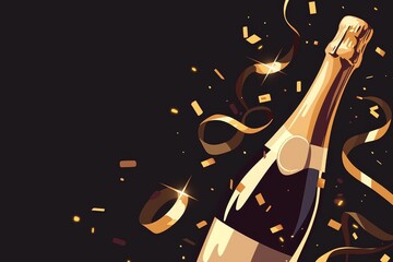 New Year or Chrismas card design on black background,the champagne is opened, the bottle stopper comes out with a golden flash,flat illustration,leave space to the text design