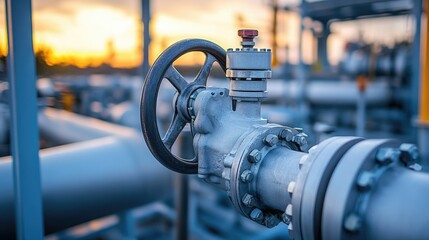 A close-up of a metal gas pipeline valve, with intricate details of the mechanism visible, set in an industrial zone with pipes and machinery surrounding it.