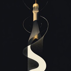 New Year or Chrismas card design on black background,the champagne is opened, the bottle stopper comes out with a golden flash,flat illustration,leave space to the text design