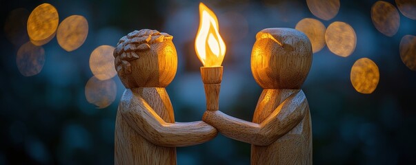 Wooden figures holding a flame symbolizing unity and hope.