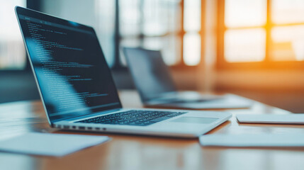 code and collaboration: a close-up of a sleek laptop with code displayed on the screen, sitting on a
