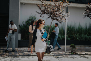 A confident businesswoman walks outside, holding books and a bag. Colleagues in the background are using phones and talking. The scene reflects productivity and modern business culture.