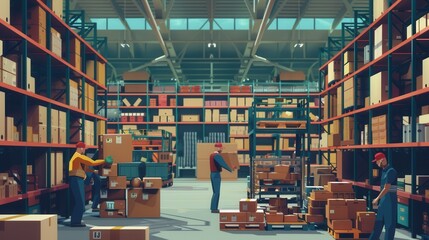 Poster - Warehouse workers are busy transporting boxes and pallets, ensuring efficient organization of the stocked goods throughout the facility. Generative AI