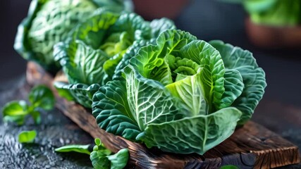 Wall Mural - Freshly harvested green cabbage displayed artfully on a wooden table in a rustic setting during daylight