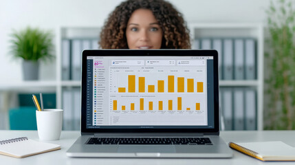 Businesswoman Presenting Data: A confident businesswoman presents a data visualization on her laptop screen, highlighting key trends and insights.