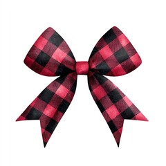 Festive red and black plaid bow isolated on white background, perfect for holiday decoration, gift wrapping, and crafting projects.