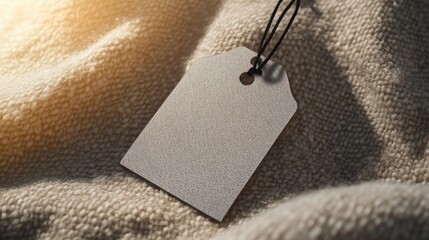 Clothing tag mockup with simple, clean label, rounded edges, set on a natural cotton fabric background with soft lighting