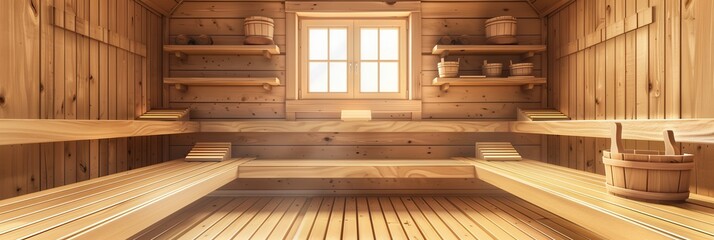 Poster - The wooden sauna interior features spacious benches, shelves stocked with accessories, and a window letting in warm sunlight. Generative AI