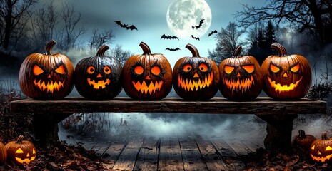 Spooky Halloween pumpkins with eerie faces on a bench, moonlit night and bats flying in the background.