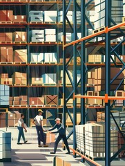 Employees are actively transporting boxes and pallets around a large warehouse, which is stocked with various goods on high shelves. Generative AI