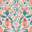 © Aon - A detailed vector illustration of a floral pattern with abstract leaves and flowers in pastel colors, designed with symmetry and balance