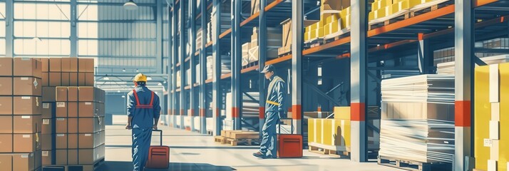 Workers are transporting boxes and pallets in a warehouse lined with shelves stocked with diverse goods and materials. Generative AI