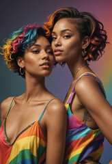 closeup portrait of two fashionable joyful black woman with short haircut and rainbow hair  in rainbow dress on pure rainbow  background cinematic light