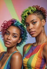 closeup portrait of two fashionable joyful black woman with short haircut and rainbow hair  in rainbow dress on pure rainbow  background cinematic light