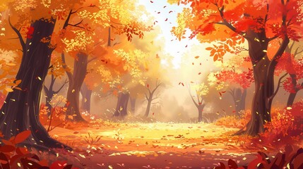 Poster - The forest glows with golden hues as vibrant fall leaves cascade from trees, creating a tranquil atmosphere under soft sunlight. Generative AI