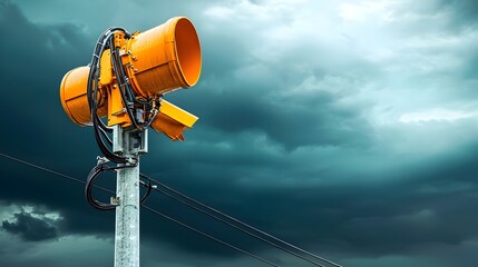 Outdoor flood warning siren mounted on a metal pole against a cloudy stormy sky