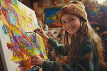 Young artist expresses creativity and passion while painting a colorful canvas in vibrant studio