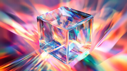 Wall Mural - An abstract composition featuring a holographic cube floating in space, with shimmering, prismatic effects and dynamic reflections. Holographic Effect. Illustration